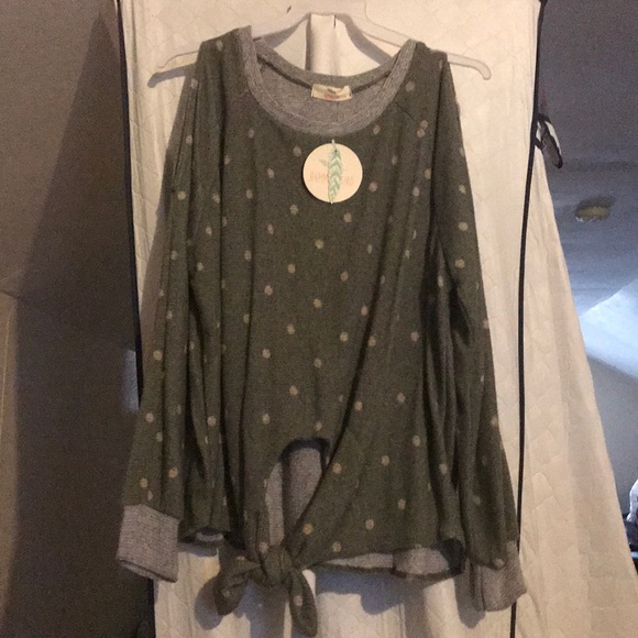 Olive Cold Shoulder Polka Dot  Knit Top - Picture 5 of 6